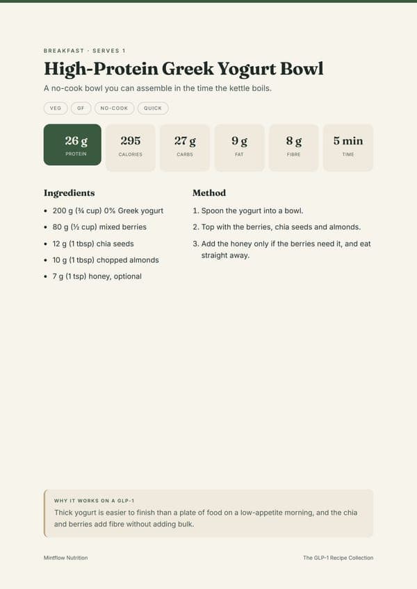 A recipe page showing protein, calories, carbs, fat, fibre and time, the ingredients and the method
