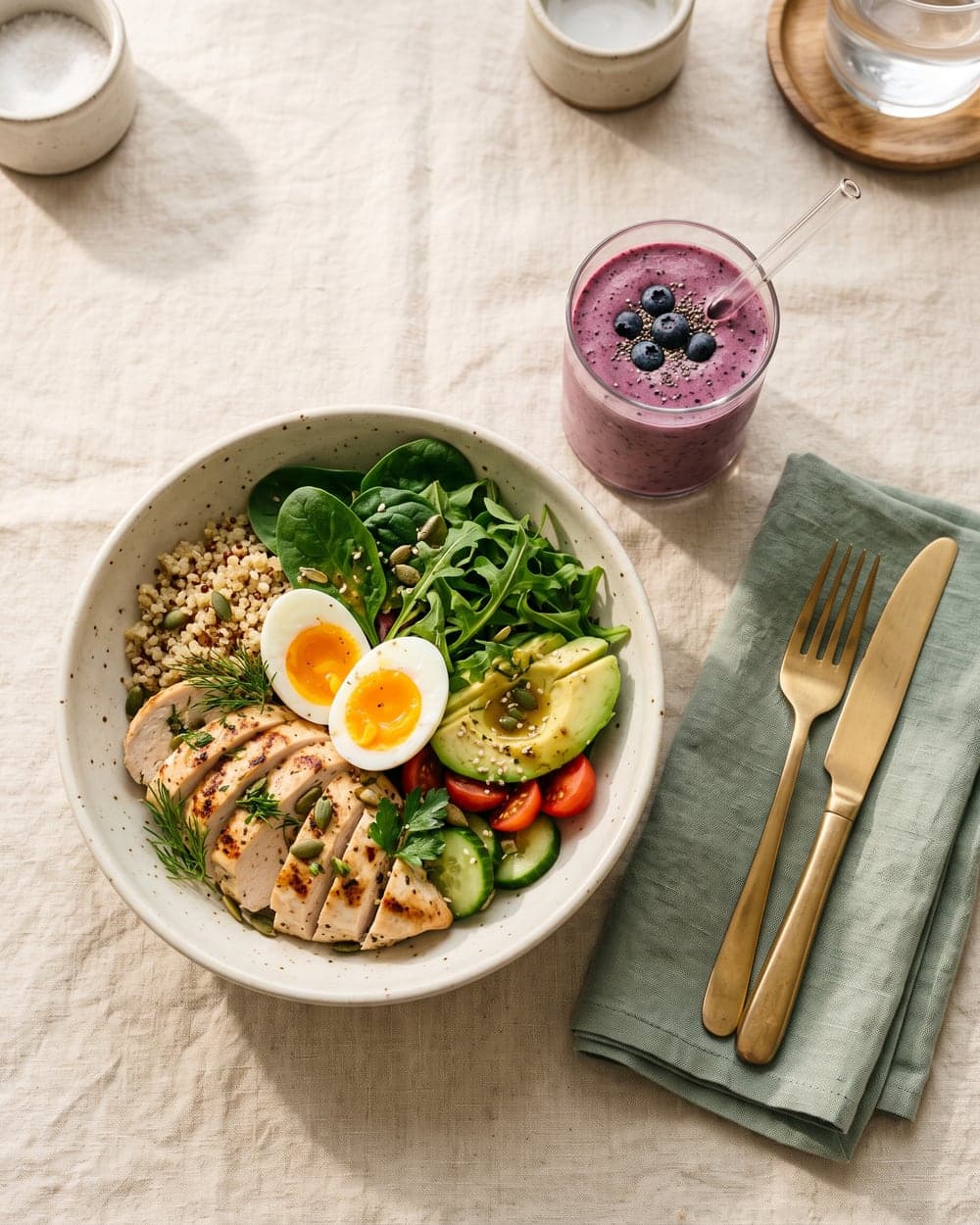 A high-protein meal with grilled chicken, eggs, quinoa, and greens beside a berry smoothie